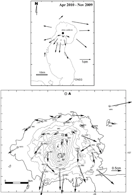 Fig. 9. Vectors of horizontal displacement around the Aira caldera (top) and at Sakurajima (bottom)
