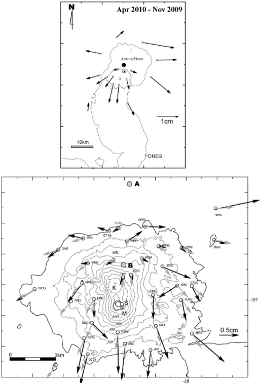 Fig. 9. Vectors of horizontal displacement around the Aira caldera (top) and at Sakurajima (bottom)