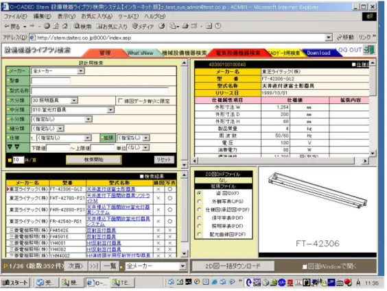 図 7.2  電気設備検索インタフェース  当初、本年度の成果として登録した照明器具データは、上記 Stem データ配信システム を通して評価を実施することにしていた。しかし、データ変換、インタフェース開発共に 時間を要しており、完了が年度末にずれ込んでしまったため、その評価は次年度に行うこ ととした。 ７．３．２  Stem 機器分類コード（確定版）の検討  Stem 機器分類コードおよび仕様属性項目については、昨年度に暫定案をとりまとめた。 しかし、 CI-NET の他に JECA や各業界団体において