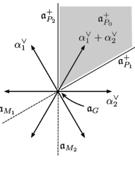 図 1 SL 3 の a 0 例えば a M 1 は α 1 の核であるから， α ∨1 と直交する直線になる． α ∨1 , α ∨2 双方との内積が正 であるベクトルからなる灰色の領域が a + P 0 である． a +P 1 は a M 1 ,reg = a M 1 ∖ { 0 } の連結成 分のうち， a + P 0 の境界に含まれるものであり，原点が a G である． 6 p 進簡約群 この節では F を p 進数体 Q p の有限次拡大とする．この報告集内の原下氏の原稿 [9] で 定義された 