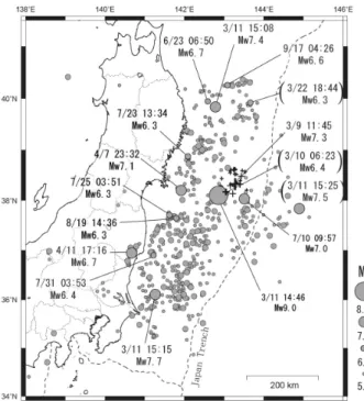 図 1  東北地方太平洋沖地震の震源域とその周辺の 震央分布図  2011 年 3 月 9 日から 12 月 31 日に発生した，M J が 5.0 以上かつ震源の深さが 100km 以浅の地震の震央 を示した．十字の印は本震発生前，灰色の丸印は本 震発生後の地震を表す．表 1 に掲載した地震には， 発震時と M W を付した．うち，括弧を付したものは， 震源過程解析が出来なかった地震である．  また，余震分布から震源域の南限を明らかにした研 究も存在する（たとえば Shinohara et al., 20