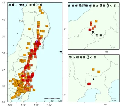 Fig. 1  Distribution maps of questionnaire survey  stations. The numbers indicate the observed seismic  intensity