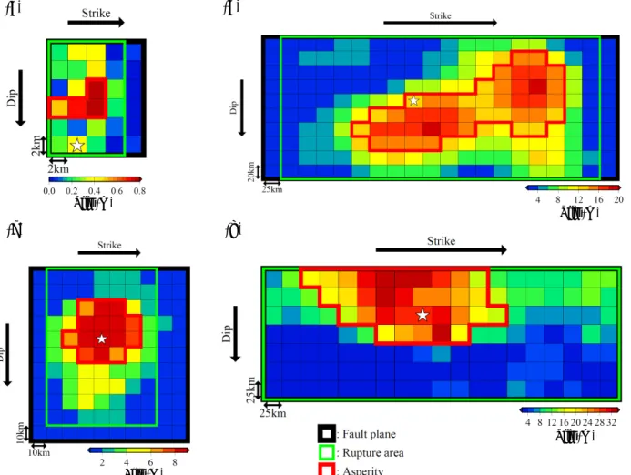 Fig. 8    Examples of rupture areas (rectangular area enclosed by light-green lines) and asperities (area enclosed by red  lines) identified from source fault models of the (a) 2011 Eastern Shizuoka Pref