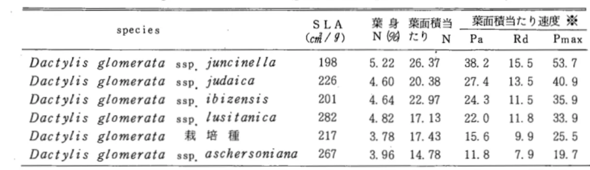 表 6 Da  c  t  y  l z "   s  g  10m  e  r  a  t  a および D.glomera  ssp. の光合成速度(江柄，未発表)