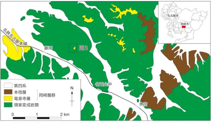 図 2　牛乗山における礫岩（竜泉寺層最下部）の分布。地 形図は岡崎市都市計画図（1/2500）を使用。