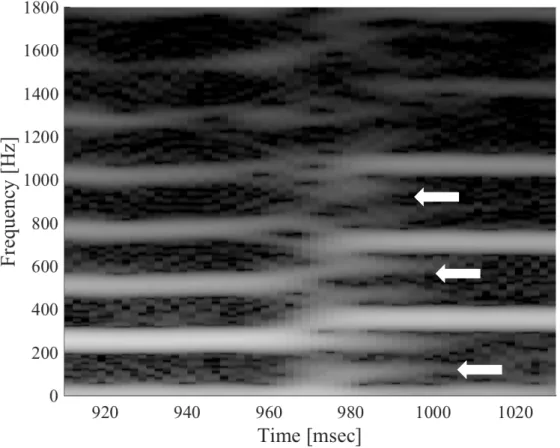 図 4.11: 母音/i/で声区転換を生じる際における、EGG 信号のスペクトログラムの声区転換部を拡大した分析 結果。