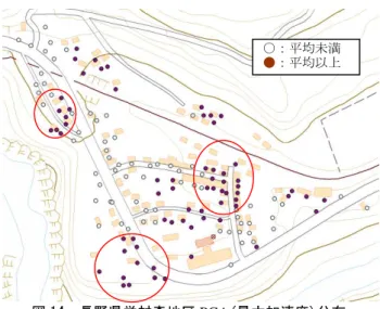 図 11  建物 No.5 の実際の外観  012345 0 10 20 30 40 50 60 70 80被害度(調査) 損傷率(解析) 図 12  DEM による損傷率と外観調査による被害度の  関係  1A：1階建 標準  2A：2階建 標準  1B：1階建 屋根重量大  2B：2階建 屋根重量大  3A：3階建(木造+RC) 標準  図 13  建物タイプの分類(例)  図 14  長野県栄村森地区 PGA (最大加速度)分布 40~50%未満：大規模半壊50%以上：全壊とされている．一方，山田ら(