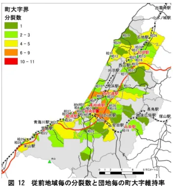図 12  従前地域毎の分裂数と団地毎の町大字維持率  表 5 団地ごとの町大字維持率  柏26 別山 別山コミセン 14 70% 柏33 田沢 田沢センター前 6 67% 柏39 下山田第二 中川コミセン 3 30% 柏31 下山田 JA下山田 6 40% 柏13 池浦 西山町事務所駐車場 5 17% 柏25 坂田第二 JA西山支店 5 50% 柏16 坂田第一 西山ふるさと公苑駐車場 4 24% 柏15 北野第一 西山南部コミセン広場 6 33% 柏27 北野第二 西山南部コミセン広場（テニスコート） 