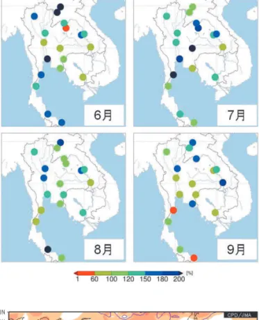 図 1.3-18  2011 年 6 月～9 月の各月の月降水量平年比 （％）の分布  平年値は 1981 ～ 2010 年の平均値。 図 1.3-19  2011 年 6 月～9 月の 4 か月平均外向き長波 放射（OLR） ・平年偏差  等値線は OLR の実況値を表し、間隔は 10W/m 2 。陰 影域は平年偏差を表し、負 偏差（ 寒 色）域 は 積雲 対 流 活 動 が 平年 よ り 活発 で 、正 偏 差（ 暖 色 ）域 は 平 年 よ り 不 活発 と 推 定さ れ る。平年値は 1981 ～ 