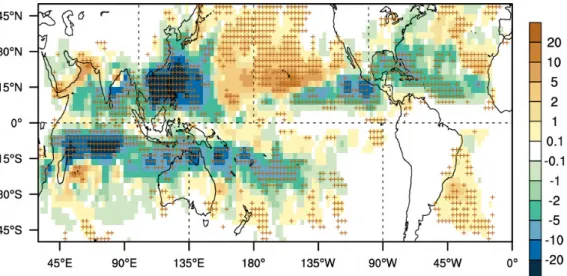 図 C.3  21 世紀末 25 年間における熱帯低気圧の存在頻度を現在の 25 年間と比較した将来変化(回/25 年)  図の中で＋印は 12 種類のうち 10 種類以上の予測実験で将来変化の符号が一致することを示す。 