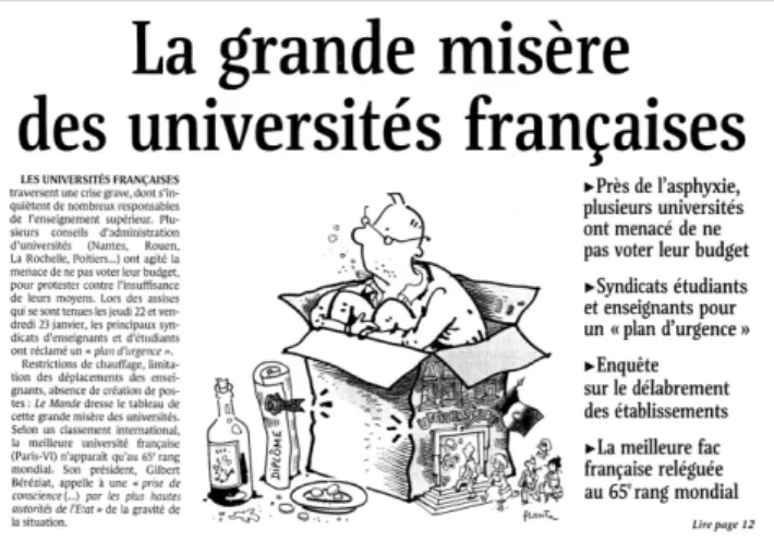 図  2:  フランスの大学が大きな財政的困難を抱えることを伝える記事（ 2004 年 1 月 24 日付ル・モ ンド紙）