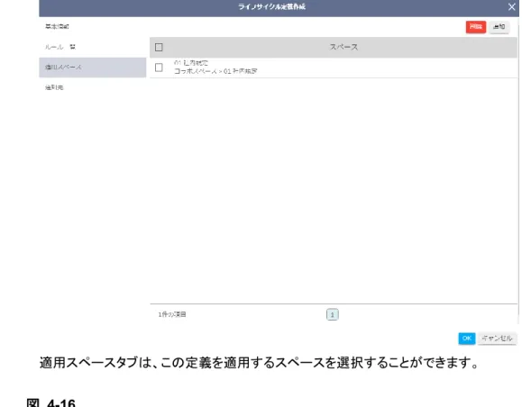 図   4-15  適用スペースタブは、この定義を適用するスペースを選択することができます。  図  4-16  通知先タブは、ライフサイクル実行前のリマインダーと、実行後の結果をメールで送信するユーザを 指定することができます。  ここで指定可能なユーザは、ライフサイクル権限のシステム権限を持つユーザのみ選択することが できます。 
