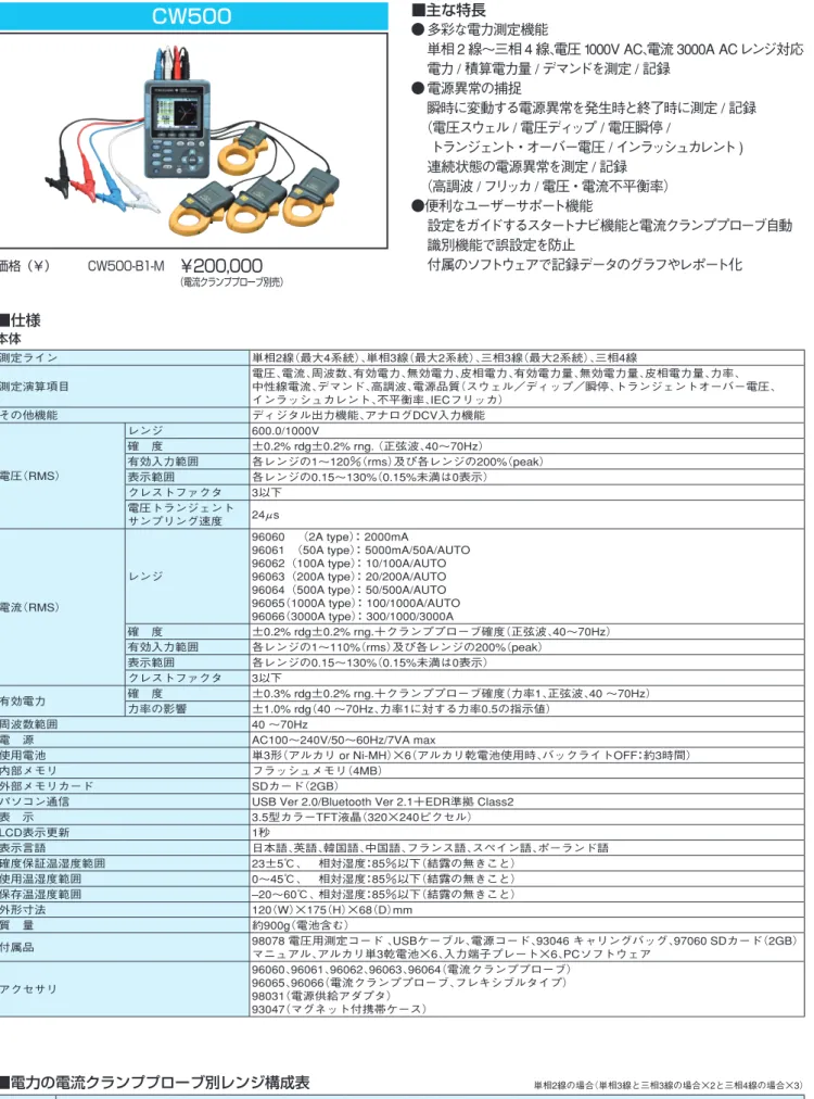 表　示 3.5型カラーTFT液晶（320×240ピクセル） LCD表示更新 1秒 表示言語 日本語、英語、韓国語、中国語、フランス語、スペイン語、ポーランド語 確度保証温湿度範囲 23±5℃、   相対湿度：85％以下（結露の無きこと） 使用温湿度範囲 0〜45℃、  相対湿度：85％以下（結露の無きこと） 保存温湿度範囲 –20〜60℃、  相対湿度：85％以下（結露の無きこと） 外形寸法 120（W）×175（H）×68（D）mm 質　量 約900g（電池含む） 付属品 98078 電圧用測定コード 、