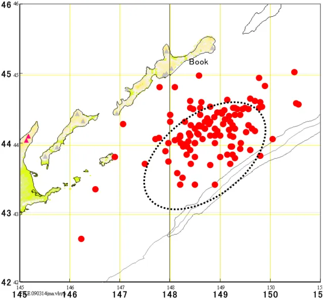 図 6  本のデータによる 1958 年択捉島沖地震の震央分布．点線楕円は、  JMA データにより推定された余震域の広がりを示す（図 4 参照）．  JMA-Book (0.80)(0.60)(0.40)(0.20)0.000.200.400.600.801.001.201.401.60(1.60)(1.40)(1.20)(1.00)(0.80)(0.60)(0.40)(0.20) 0.00 0.20 0.40 0.60 0.80 1.00 1.20 1.40 1.60Book42434445461451
