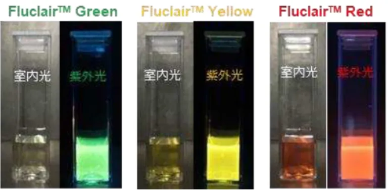 図 1. Fluclair TM Green, Yellow, Red の ン酸  緩衝液中 おける蛍光写真  Fluclair ™  Yellow 膜透過性 プチ タ ン 用い 脂肪組織由来幹細 胞内 導入 蛍光顕微鏡 用い 脂肪組織由来幹細胞 導入 Fluclair ™  Yellow 観察 図２