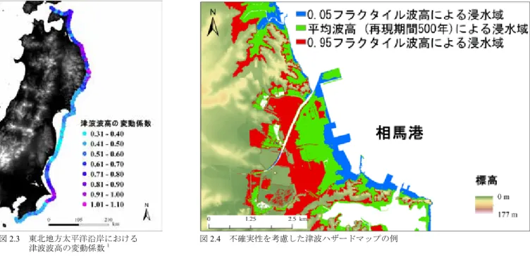 図 2.3 　東北地方太平洋沿岸における 津波波高の変動係数 1 図 2.4 　不確実性を考慮した津波ハザードマップの例【キーワード】津波ハザード評価、不確実性評価、不確実性の可視化【背景】　津波ハザードマップは、予測される津波の浸水範囲を示すマップであり、津波に対する防災対策等を考える上で、必要不可欠な資料である。基本的には、国や沿岸域の各地方自治体の多くで独自に、津波ハザードマップを公表している。【事前の状況】　東北地方太平洋沖地震以前における宮城県の津波ハザードマップは、約37年周期で発生する宮城県沖