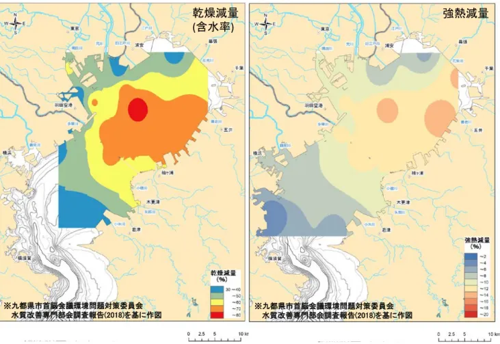 図 1-11  東京湾内湾における海底土の乾燥減量(含水率)及び強熱減量の分布   (3) 湾内での濃度分布と陸上への放射性物質沈着量との関連性 東 京 湾 内 で の 放 射 性 セ シ ウ ム の 濃 度 分 布 と 東 京 湾 沿 岸 の 陸 上 へ の 放 射 性 物 質 沈 着 量 と の関連性を明らかにするため既往知見や環境データの収集整理を行い、流入河川の河川流 量、流下砂量、陸上の放射性物質沈着量の水平分布等を収集・整理し、福島第一原子力発 電所事故に由来する放射性セシウムの河川を介した流入