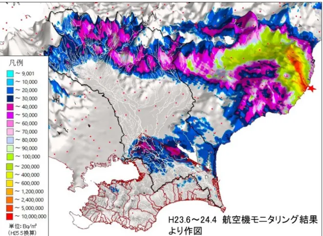 図 1-12  地理情報解析システムを用いた陸上への放射性物質沈着量と東京湾流入河川の 集水域・流域の地理的分布