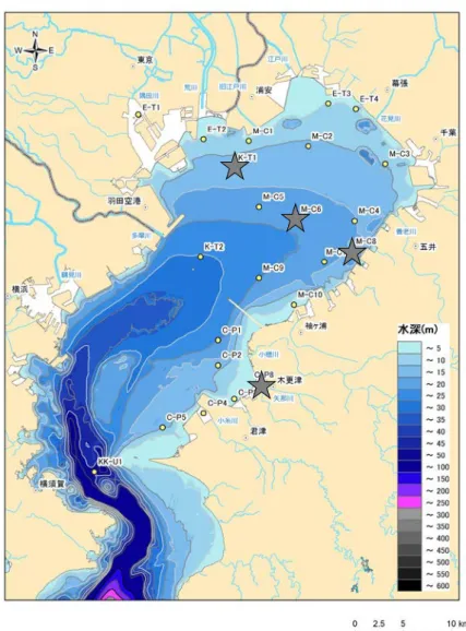図 1-2  柱状海底土試料の採取地点（図中 ★印の測点）    ③試料採取の時期と頻度  「海域モニタリングの進め方」に規定する分析頻度に基づき、海水及び海底土試料の採 取は、5 月下旬から 7 月上旬の第 1 期、8 月上旬から 10 月上旬の第 2 期、12 月上旬から 2 月下旬の第 3 期とし、前年度事業の調査における採取時期に即し、表 1-2 のとおり各調査 地点で採取を欠測なく実施した。 表 1-2 海水及び海底土試料の採取時期と頻度 調査地点  対象試料 採取頻度・時期  湾奥河口域、湾口中