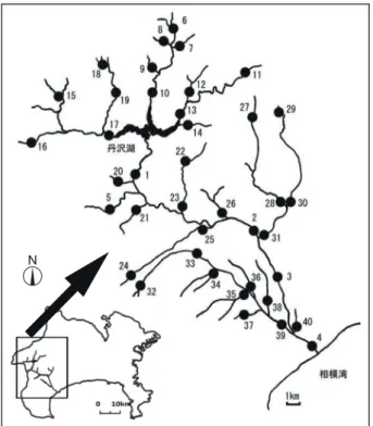 図 1 ．酒匂川水系の位置と調査地点．数字は調査地点を表し， 表１の地点番号と同じ． 表 1 ．調査河川・地点名，調査日と河川形態 が，上流の河川形態を示す地点が多いのが特徴であった。また，調査場所の標高は，Aa型が約230〜800mの範囲にあり，Aa-Bb移行型は約60〜490m，Bb型は約10〜170m，Bc型が約7mであった。出現魚種 今回の調査では，9目11科33種の魚類が記録された。後藤（1987）および川那部（1987）に従い，この33種を生活史型で区分すると，純淡水魚は，一次的淡水魚がスナヤツ