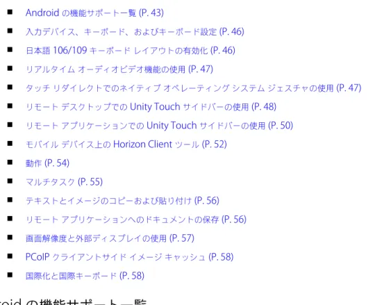 表  4 ‑ 1.  Windows  デスクトップで  Horizon Client for Android  をサポートされる機能