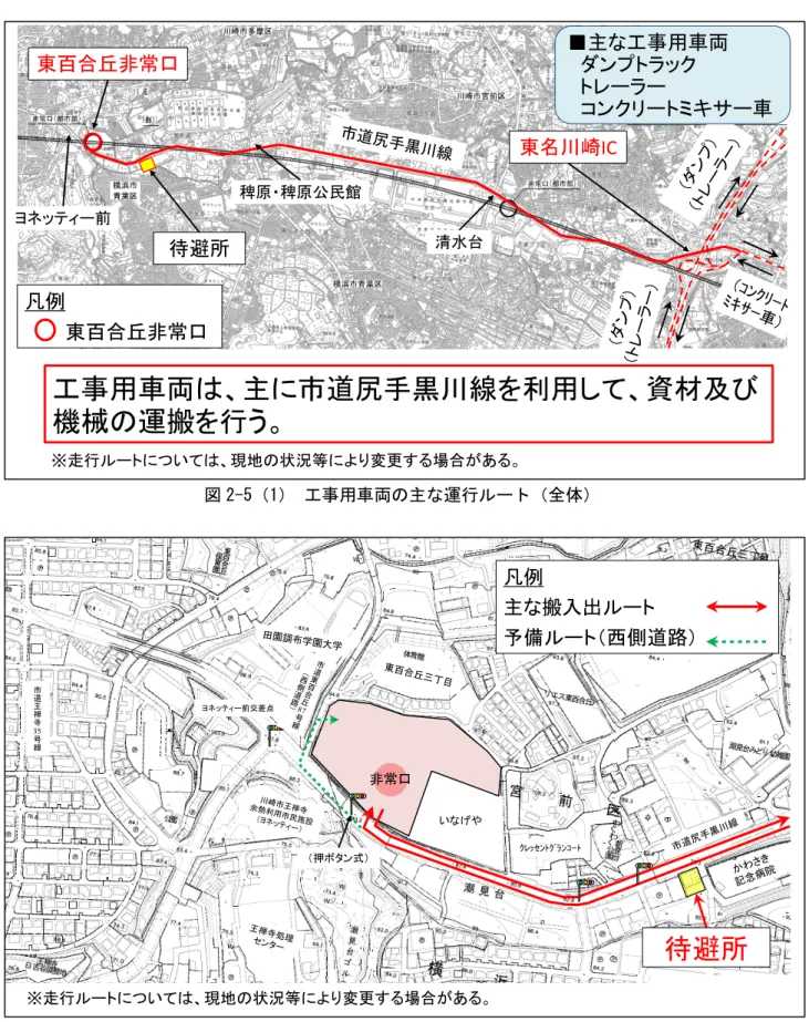 図 2-5（1） 工事用車両の主な運行ルート（全体）  図 2-5（2） 工事用車両の主な運行ルート（非常口周辺） ※走行ルートについては、現地の状況等により変更する場合がある。東百合丘非常口東名川崎IC待避所清水台稗原・稗原公民館ヨネッティー前 工事用車両は、主に市道尻手黒川線を利用して、資材及び機械の運搬を行う。■主な工事用車両ダンプトラックトレーラー コンクリートミキサー車凡例東百合丘非常口凡例主な搬入出ルート予備ルート（西側道路）※走行ルートについては、現地の状況等により変更する場合がある。ヨネッテ