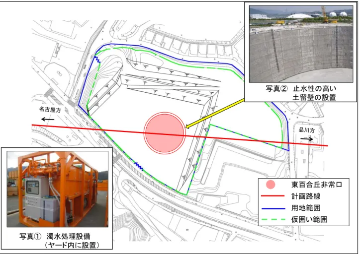 図 3-2 水環境に関する計画面の環境保全措置  図 3-3 濁水処理のフロー図 写真① 濁水処理設備（ヤード内に設置） 写真② 止水性の高い土留壁の設置 東百合丘非常口計画路線用地範囲仮囲い範囲工事排水濁水処理槽処理水を下水道へ放流 19 