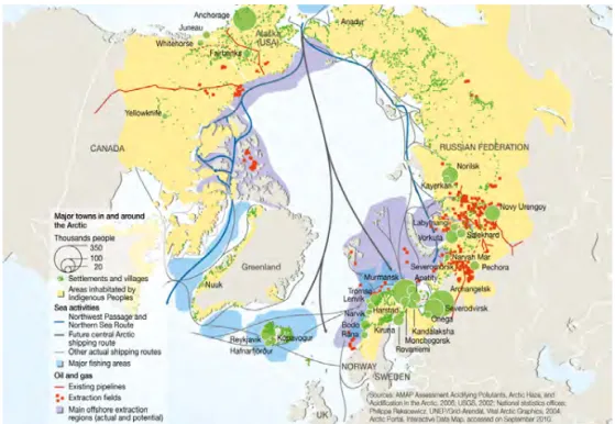 図 1.6 北極圏の居住地 ロシア北極海沿岸における主要な経済 ・産業圏は、 古くからの軍事拠点であり不凍港 でもあるムルマンスク、エニセイ川河口域のノリリスクおよび白海のアルハンゲルスク などである。ノリリスクでは世界最大級のニッケル鉱山が稼動しており、生産物の積み 出しや開発資機材 ・各種物資の輸送は、北極海航路を利用して通年で行われている。こ のほか、バレンツ海・ペチョラ海・カラ海沿岸での石油・天然ガス開発などが進行中で ある。また極東地域では、ペベクでの金開発（カナダ資本参加）や、イガルカ周辺での 