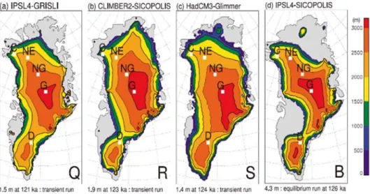 図 23    最新の氷床モデルで計算された最終間氷期のグリーンランド氷床の分布  (IPCC AR5, Figure 5.16, Simulated GIS elevation  at the Last Interglacial (LIG) in transient (Q, R, S) and constant-forcing experiments (B).) 