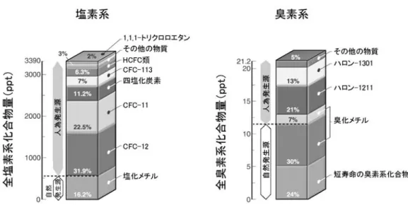 図 2-1-1  2004 年の成層圏中の塩素・臭素の主要源 