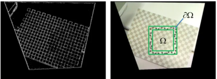 Figure 3: Examples of our feature point detection. Left images show edges extracted with LoG and right images show detected feature points in region ∂ Ω .