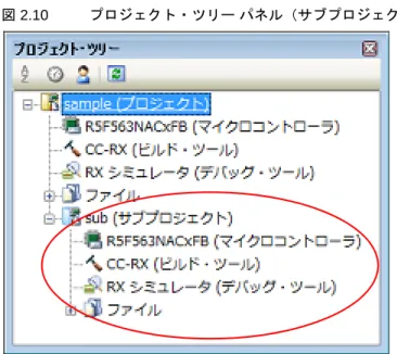 図 2.10 プロジェクト・ツリー パネル（サブプロジェクト追加後） 2.3.4  マルチコア用プロジェクトを作成する【RH850】 マルチコア用プロジェクトは，ブート・ローダ・プロジェクトとアプリケーション・プロジェクトから構成されます。 アプリケーション・プロジェクトで CPU コアごとのプログラムを作成し，ブート・ローダ・プロジェクトでそれらの 起動を管理します。 以下に，ブート・ローダ・プロジェクトをメイン・プロジェクト，アプリケーション・プロジェクトをサブプロジェ クトとしたマルチコア用プロジェク
