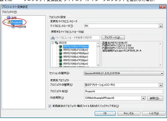 図 2.32 プロジェクト変換設定 ダイアログ（メイン・プロジェクトを選択した場合） 図 2.33 プロジェクト変換設定 ダイアログ（サブプロジェクトを選択した場合） 変換先プロジェクトで使用するマイクロコントローラ，セッション，およびプロジェクトの種類，名前，作成 場所を設定した後，［OK］ボタンをクリックします。 注意 1