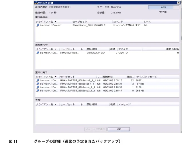 図 11 グループの詳細（通常の予定されたバックアップ） NSR_SERVER パラメータおよび NSR_GROUP パラメータの設定の自動化 注：  このセクションに記載されている情報は、NMO 5.0 ウィザードでセットアップする構成 ではなく、従来の構成のみに該当します。 NSR_SERVER パラメータおよび NSR_GROUP パラメータは、予定されたバック アップ用の RMAN スクリプトでは設定しないでください。NMO によって、サーバ とグループの情報（バックアップを開始した NetWork