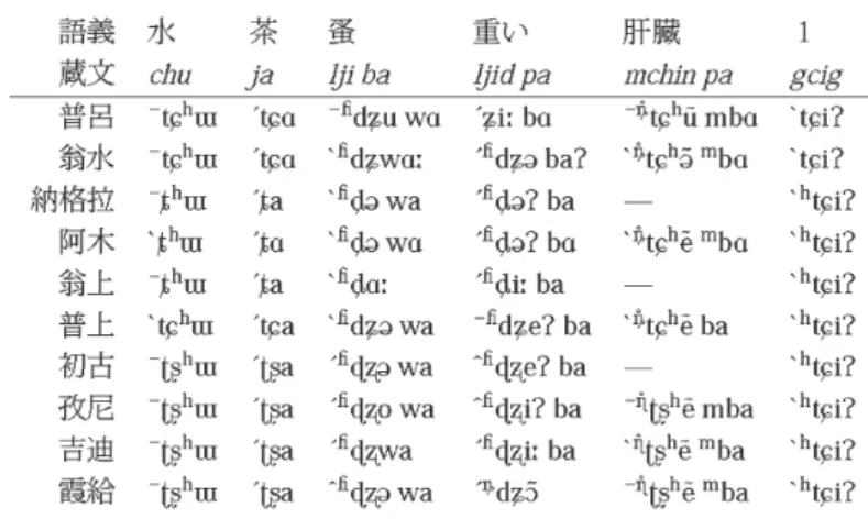 表 29 ：蔵文 C 系列の基本的音対応   蔵文 C 系列だけを見れば，表 29 に示すように，基本的に前部硬口蓋破擦音，前部硬口蓋閉 鎖音，そり舌破擦音のそれぞれに対応する方言に分けられる。特に「水」，「茶」，「蚤」の 3 例 が初頭子音の調音位置について各方言内で一致している。これらの例に見える音対応について， 普呂，翁水，普上の各方言の対応形式は類型的に見てチベット系諸言語の中で最も広く認めら れるものである。一方，納格拉，阿木，翁上の各方言の対応形式は非常に限定的な地域で認め られ，香格里拉市内で