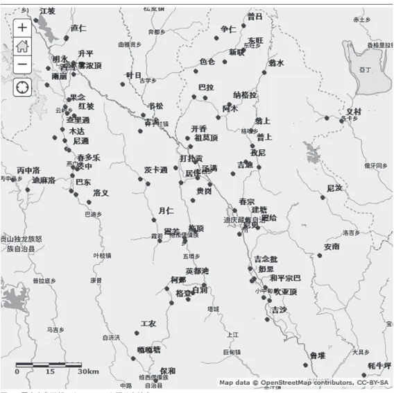 図 1 ：雲南省北西部のカムチベット語分布地点