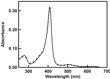 Fig. S1 Absorption spectra of WT (solid line) and C110A (broken line) methMbs (2 μM) in  50 mM potassium phosphate buffer, pH 7.0, at 20 °C