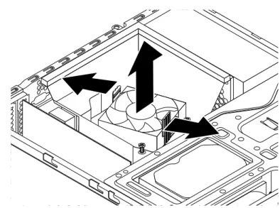 図 78. ヒートシンク・ファンダクトの取り外し 5. 図に示すように解放タブ 1 を押し、ドライブ・ベイを上方へ持ち上げます。 図 79. ドライブ・ベイを上方に持ち上げる 6