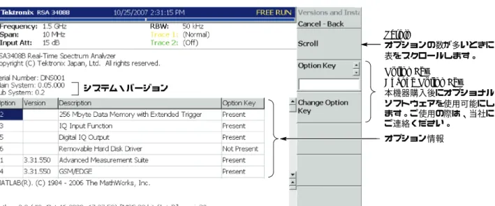 図 3-20 のような画面が表示されます。 システム・バージョン オプション情報Scroll オプションの数が多いときに表をスクロールします。Option KeyChange Option Key本機器購入後にオプショナルソフトウェアを使用可能にします。ご使用の際は、当社にご連絡ください。 図 3-20 ：システム情報の表示 次の情報が記載されています。 H バージョン H Main System ⎯ 基本ソフトウェアのバージョン H Sub System ⎯ ファームウェアのバージョン H オプション 本