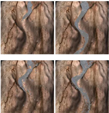 Figure 1 show the result of river in the valley. The fluid flows along to the valley. Since our method can simulate the turbulence, the flow is disturbed