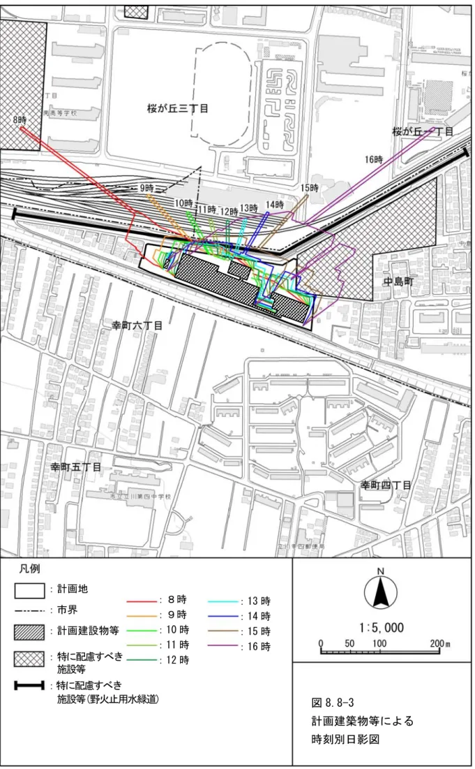 図 8.8-3  計画建築物等による  時刻別日影図 ：８時  ：９時 ：10 時 ：11 時 ：12 時 ：13 時  ：14 時 ：15 時 ：16 時 ：計画地 ：市界 ：計画建設物等 ：特に配慮すべき   施設等 ：特に配慮すべき   施設等(野火止用水緑道) 