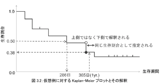 図 3.2：仮想例に対する Kaplan-Meier プロットとその解釈 