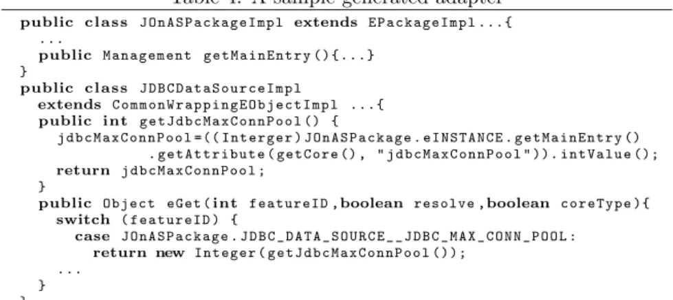 Table 4: A sample generated adapter public c l a s s J O n A S P a c k a g e I m p l extends E P a c k a g e I m p l ...{ ..