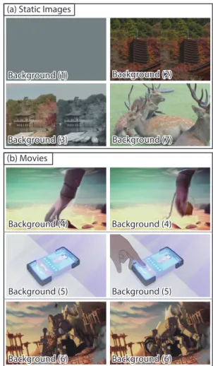 Fig. 9 Contents used in experiments 2 and 3: (a) static images; (b) movies, with two representative frames shown in this figure