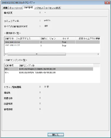 図 1-9  ディスクアレイ詳細情報－４（「SNMP 情報」タブ）  ①構成変更  ネットワーク設定の構成設定操作ガード状態を以下のいずれかで表示します。  ロック  ：ガード設定されている  －    ：ガード設定されていない  ＜SNMP 情報＞  ②コミュニティ名  コミュニティ名を表示します。  ③すべての SNMP 要求を許可  SNMP 要求許可状態を以下のいずれかで表示します。  ON  ：すべての IP アドレスからの SNMP 要求を許可する  OFF  ：設定した IP アドレスからの 