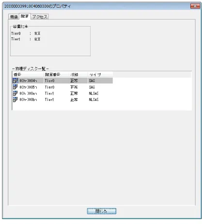 図 1-25  論理ディスク詳細情報－2（「階層」タブ）  階層プール内の論理ディスクの場合に階層情報を表示します。  ※詳細についてはマニュアル「データ最適配置機能利用の手引」（IS061）を参照してください。  ①書き込み方式  各階層の書き込み方式を以下のいずれかで表示します。  一括割当(高速階層優先)、一括割当(低速階層優先)、分散割当(高速階層優先)、  分散割当(低速階層優先)  ※対象論理ディスクが属するプールが仮想容量階層プールの場合のみ表示します。  ②容量比率  各階層の容量比率を表示