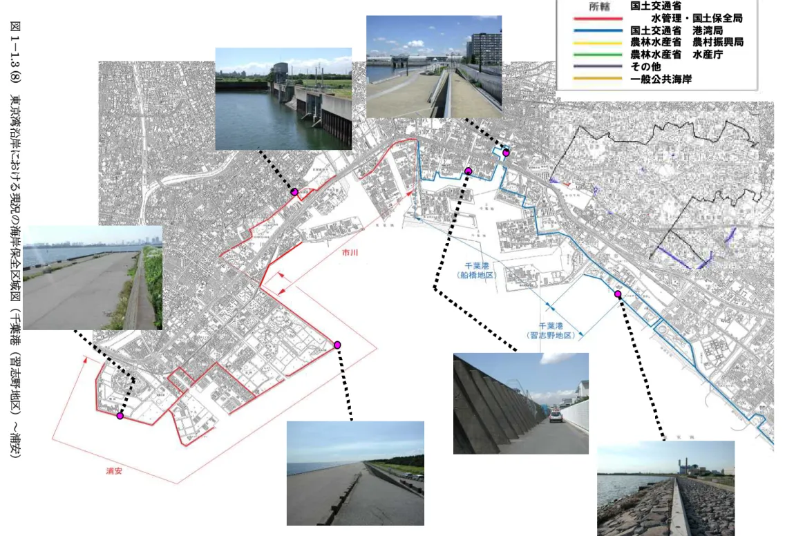 図 1 － 1.3  (8 ) 東 京 湾 沿 岸 に お け る 現 況 の 海 岸 保 全 区 域 図 （ 千 葉 港 （ 習 志 野 地 区 ） ～ 浦 安 ）1-11  国土交通省 水管理・国土保全局国土交通省 港湾局 農林水産省 農村振興局農林水産省 水産庁その他一般公共海岸