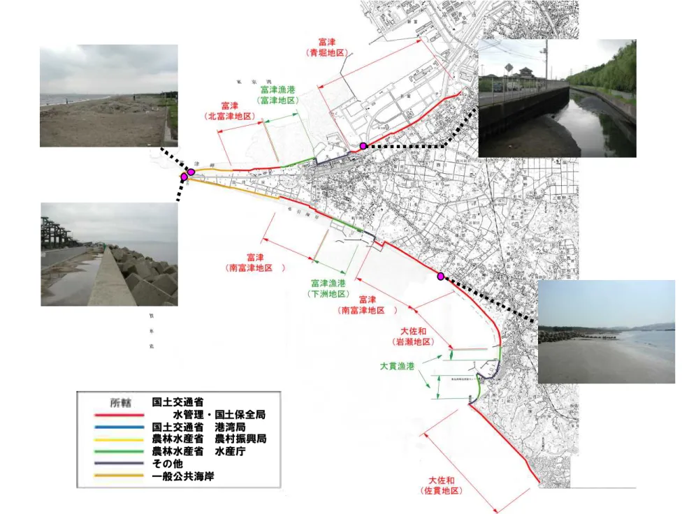 図 1 － 1.3 (4 ) 東 京 湾 沿 岸 に お け る 現 況 の 海 岸 保 全 区 域 図 （ 大 佐 和 ～ 富 津 ）1-7 国土交通省 水管理・国土保全局 国土交通省 港湾局 農林水産省 農村振興局 農林水産省 水産庁 その他 一般公共海岸