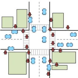 Figure 1 denotes a blind intersection due to buildings, roadside trees, and other vehicles