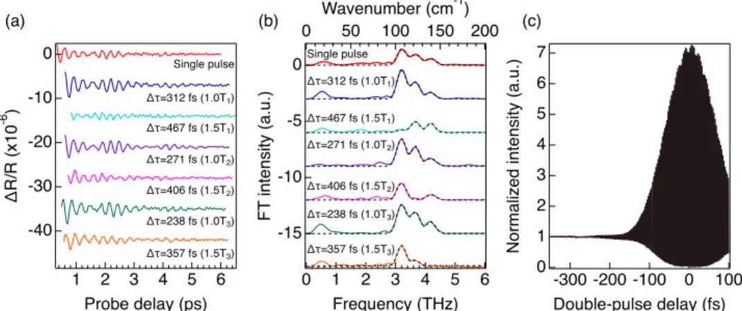 FIG. 3. (a) Observed coherent vibrational signals in rubrene excited by the double pulses